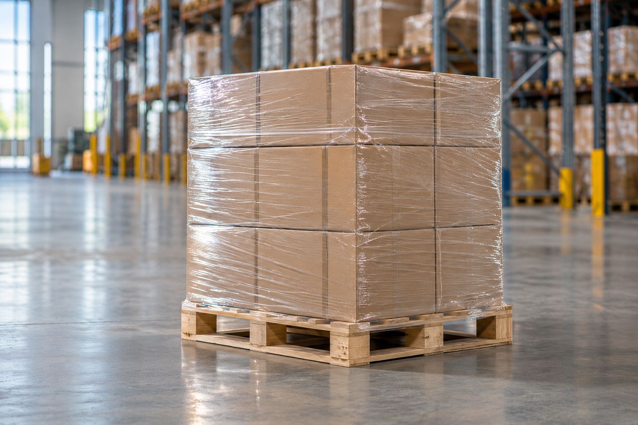 Cajas embaladas y protegidas sobre un palet en un almacén