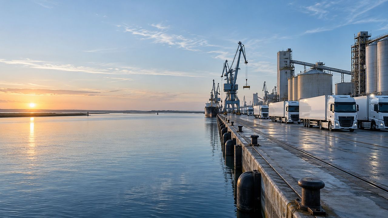 Camiones de mercancías junto a la zona portuaria al atardecer